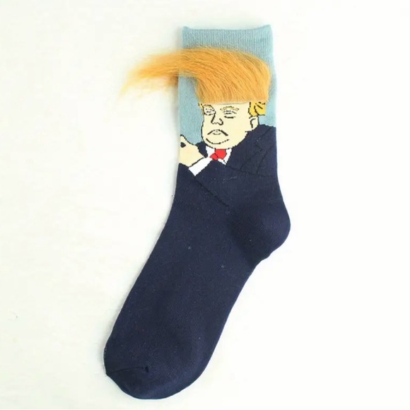 None Other - Men's Novelty Cartoon Pattern Trump Crew Socks, NEW, Blue & Gold, Lol, The Hair!